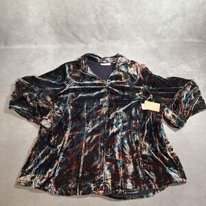 Coldwater Creek Women's 2X Paisley Print Velvet Button Up Shirt Cinched Waist